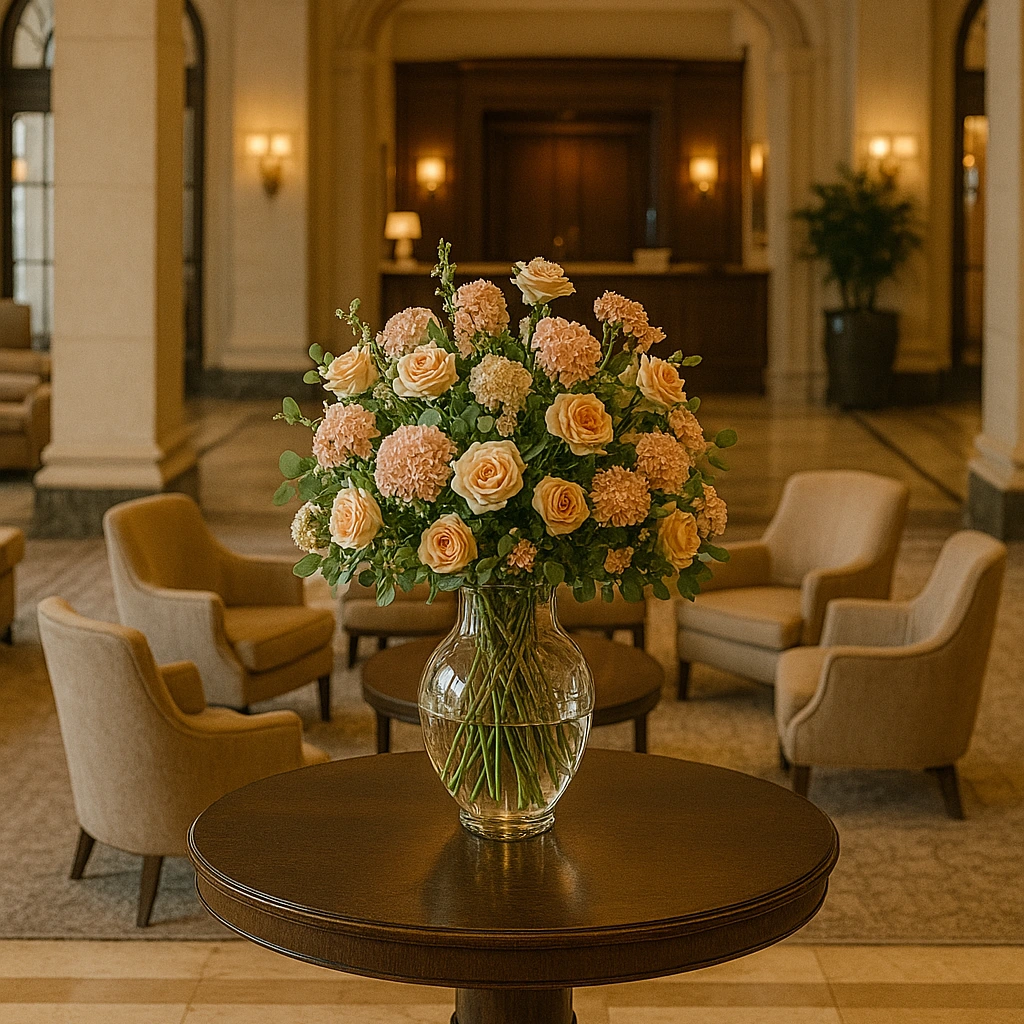 Hotel lobby interior design decorated with beautiful peach colour premium roses